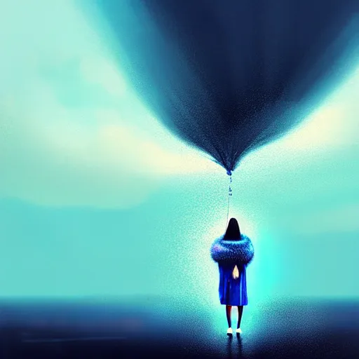 Image similar to giant droplets of water floating around a flying girl with wings, sky blue straight hair, low - angle shot from behind, blue coat, fur scarf, ultra fine detail, dark theme, realistic painting, photography, psychedelic, film still, cinematic, wlop, ilya kuvshinov, ismail inceoglu,