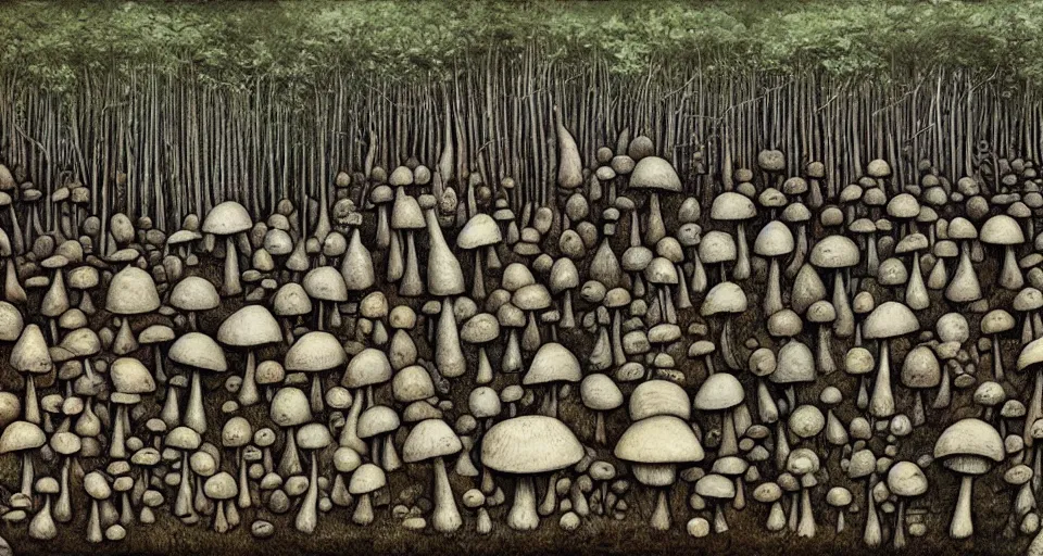 Prompt: A tribal village in a forest of giant mushrooms, by HR Giger