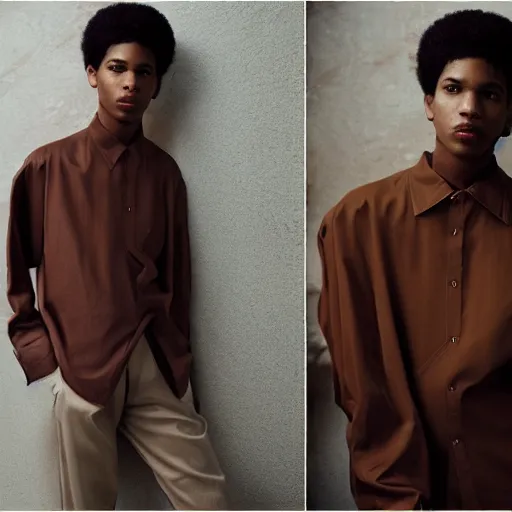 Image similar to realistic photoshooting for a new balenciaga lookbook color film photography portrait of a beautiful woman model, model wears a brown le papier'la chemise machou'shirt, photo in style of tyler mitchell, wes anderson