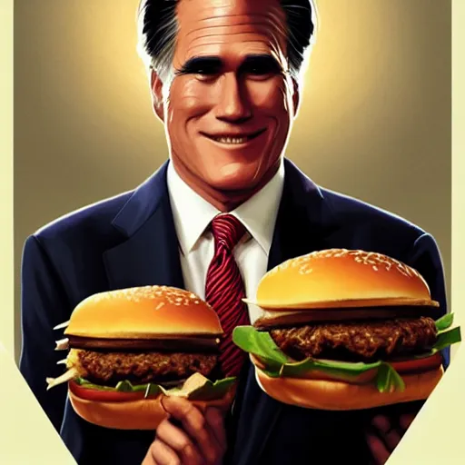 Prompt: portrait of mitt romney eating hamburgers, extra onions and ketchup, luscious patty with sesame seeds, feminine ethereal, handsome, d & d, fantasy, intricate, elegant, highly detailed, digital painting, artstation, concept art, matte, sharp focus, illustration, art by artgerm and greg rutkowski and alphonse mucha