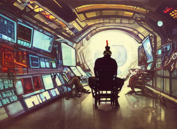 Prompt: a man sitting on a chair with things attached to his head, screens and monitors in front of him playing videos, ship interior, narrow hallway, scifi colors, dramatic lighting, dark, spotlight, surreal, by rutkowski, fuji choko, alphonse mucha