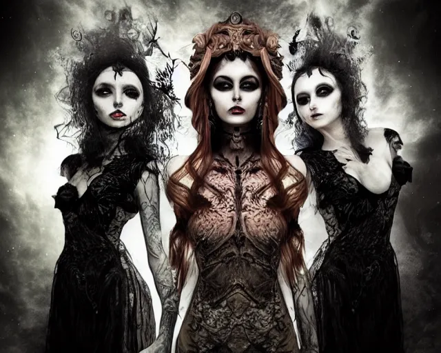 Image similar to three stunning otherworldly gothic goddesses of beauty wearing psychedelic wicca, full body, dark and mysterious, atmospheric, ominous, eerie, cinematic light, epic, 8 k 3 d, ultra detail, ultra realistic