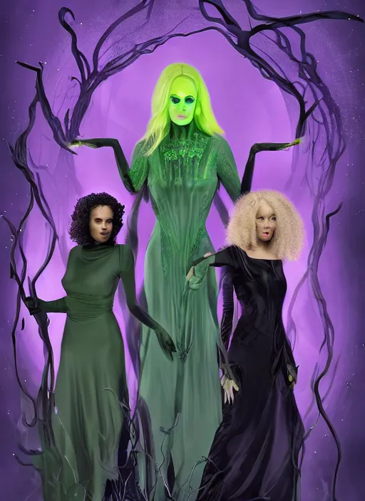 Prompt: futuristic coven of witches led by a beautiful woman with blonde hair who wields green magic