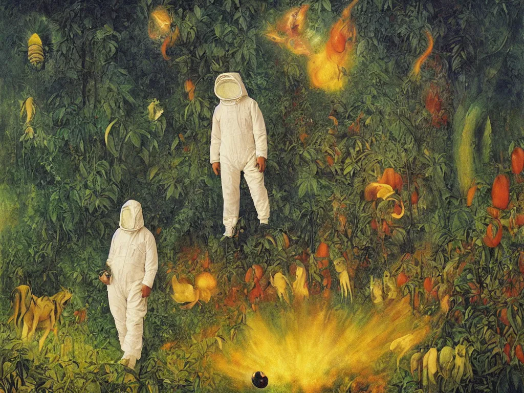 Image similar to man in white beekeeper suit with burning orchard and jungle animals running from the devil. painting by mikalojus konstantinas ciurlionis, bosch, wayne barlowe, agnes pelton, rene magritte