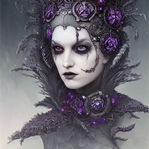 Prompt: tom bagshaw, soft painting fractal curiosities carnival, single beautiful spider queen facing camera in full nightshade gothic armor, accurate features, focus, very intricate ultrafine details, black white purple volumetric clouds, award winning masterpiece, octane render 8 k hd