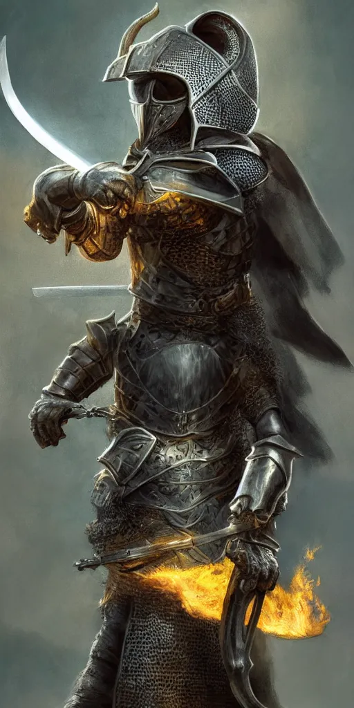 Image similar to full body portrait of half rat knight holding a great sword made of fire, anthropomorphic, prompt:hyper realistic, high detail, photo realistic, cinematic lighting, rendering by octane, spot lighting, in a open field, high quality, coherent. green hue armor