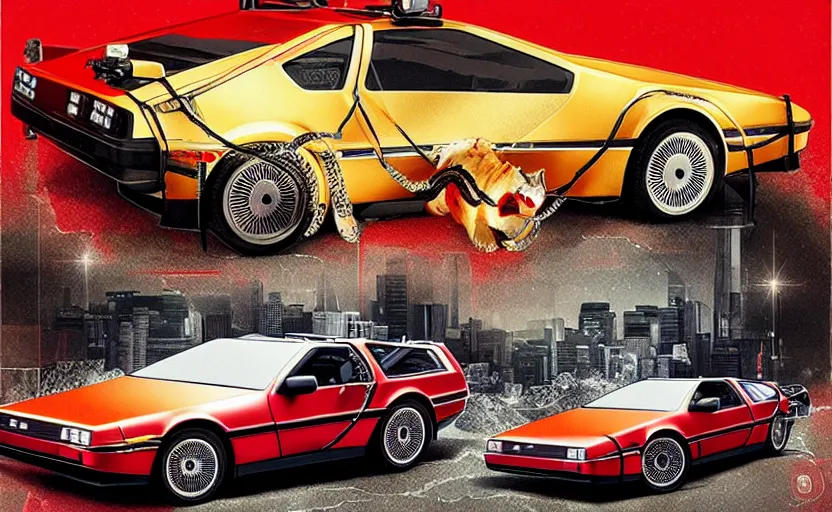 Image similar to a red delorean with a yellow tiger, art by hsiao - ron cheng & shinya edaki in a magazine collage style, # de 9 5 f 0