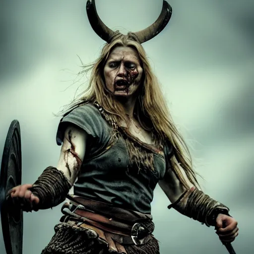 Prompt: Ultrawide realistic photo of a bloody fierce viking woman, leading a battle, battle-scarred mind-blowing details, highly detailed face, ethereal, ominous, scarred, highly detailed, viking attire, cinematic, 16k, 1080s, smooth, sharp focus, by Greg Rutkowski, trending on DeviantArt, trending on ArtStation, full of color, digital art, Vibrant colors, Smooth gradients, High contrast, depth of field, shot on Canon Camera