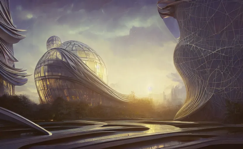 Image similar to exterior shot of utopian architecture transparent building with cinematic lighting by zaha hadid and renzo piano, darek zabrocki and greg ruthkowski, alphonse mucha, simon stalenhag, cinematic, stars, beautiful, holy place, paradise, scifi, futurism, atmospheric, concept art, artstation, trending on artstation