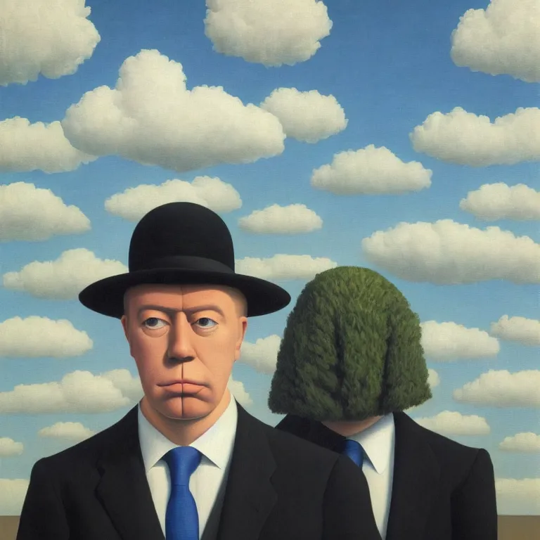 Image similar to portrait of a faceless shadow - head man in a suit, clouds in the background, by rene magritte, detailed painting, distance, middle centered, hd, hq, high resolution, high detail, 4 k, 8 k