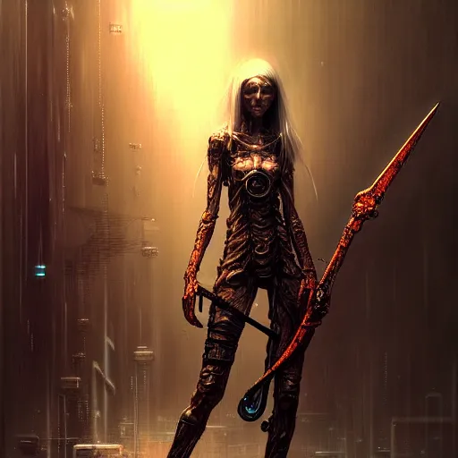 Image similar to a highly detailed long shot photo of cyberpunk female character by ayami kojima, elf, beksinski, giger, elf, wielding scythe, intricate, digital painting, artstation, concept art, smooth, sharp focus, full body