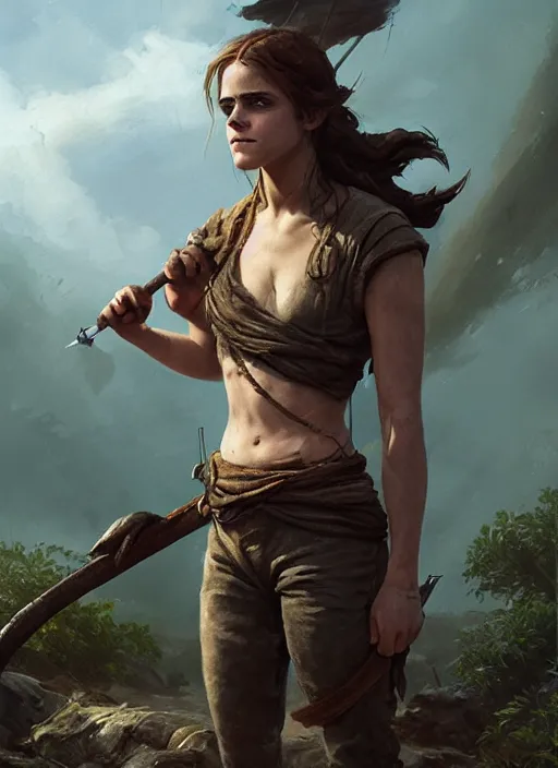 Image similar to hyper realistic photo of prehistoric pirate emma watson, full body, rule of thirds, conceptart, saturated colors, cinematic, greg rutkowski, brom, james gurney, mignola, craig mullins, artstation, cgsociety