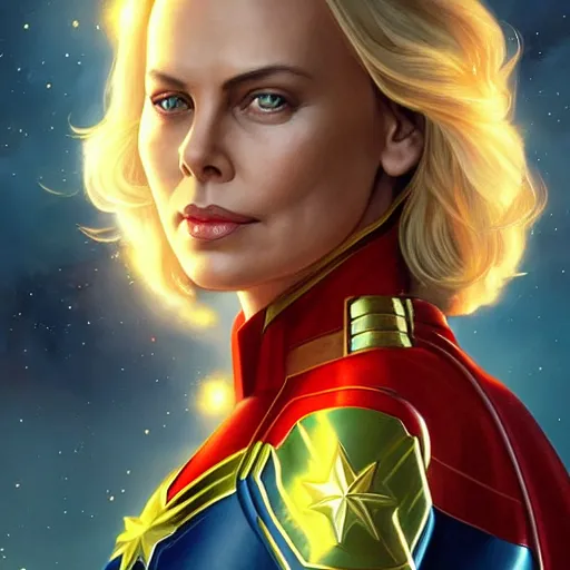 Image similar to Charlize Theron As Captain Marvel, artists portrait, fantasy, highly detailed, digital painting, concept art, sharp focus, depth of field blur, illustration, art by artgerm and greg rutkowski and alphonse mucha