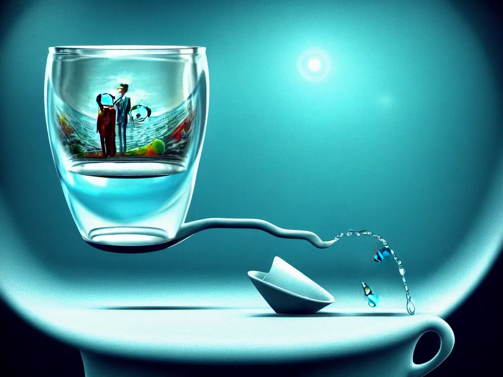Image similar to highly detailed photo of life inside a cup of water, trending on deviantart, neo surrealism, sharp focus, a lot of little details, octane, masterpiece, art by max ernst