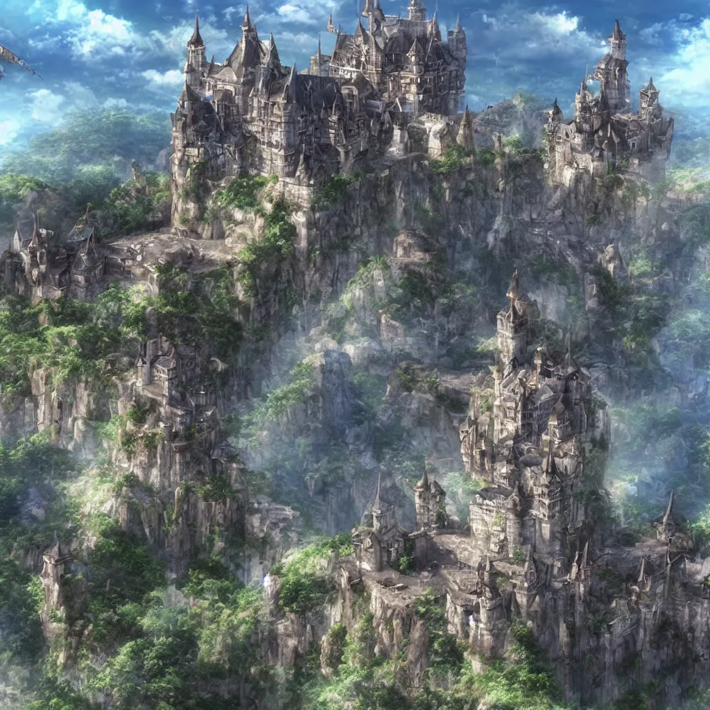 Image similar to epic image of a castle above the sky, anime, 3 d rendering