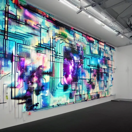 Prompt: plugged into the matrix, art streaming on walls, code streaming on walls