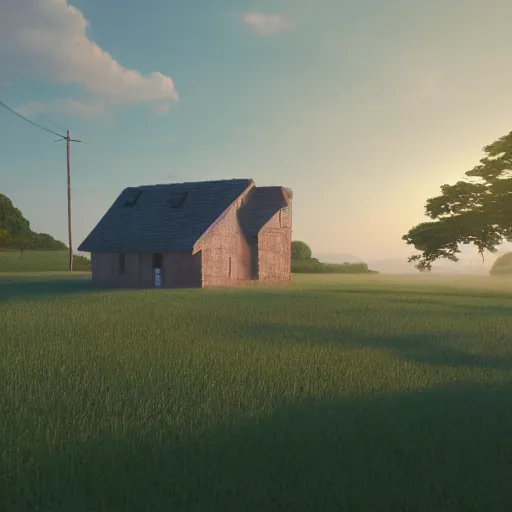 Image similar to a serene landscape with a singular building near a lake at sunrise ， pixar style ， ghibli studio anime style ， 8 k hdr ， octane render ， unreal engine ， - w 1 0 2 4