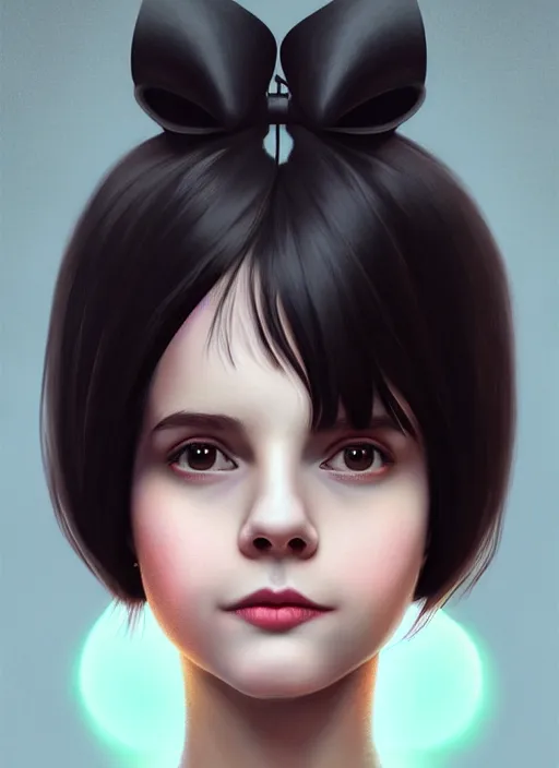 Image similar to portrait of white teenage girl, narrow face, short black hair, bangs, half updo hairstyle, buck toothed big smile, unattractive, defined jawline, long chin, wearing hair bow, earrings, intricate, elegant, glowing lights, highly detailed, digital painting, artstation, sharp focus, illustration, art by wlop, mars ravelo and greg rutkowski