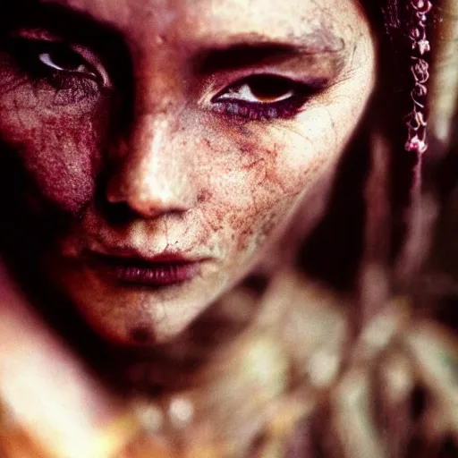 Image similar to beautiful portrait of a dark sorceress female, 35mm, cinematic atmosphere, photorealistic, depth of field, style of irwing penn and steve mccurry