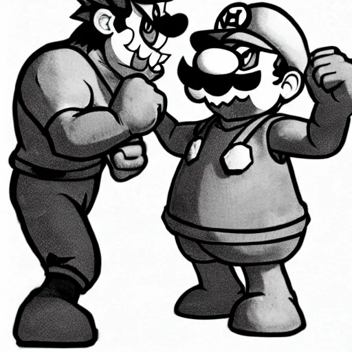 Image similar to bowser clashing fists with mario. nintendo style.