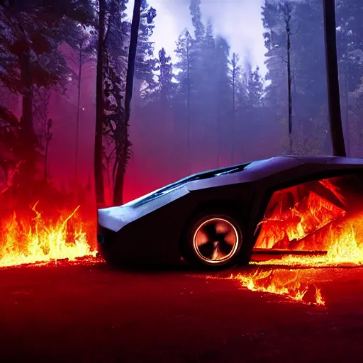 Prompt: cyberpunk car on fire in the middle of the woods at night fire fiery sci fi advance