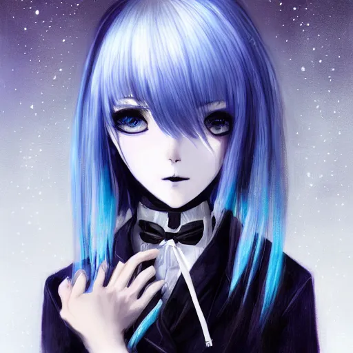 Prompt: full face shot of rimuru tempest, sky blue straight hair, long bangs, closed eyes, wearing a fancy black jacket, high collar, ultra detailed, brush strokes, digital painting, cinematic, wlop artstation, closeup, pixiv, eerie, scary, overpowering, evil, yoshitaka amano, junji ito,
