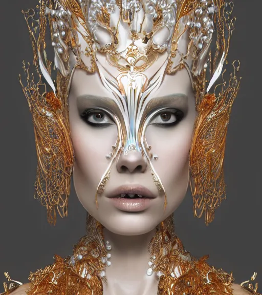 Prompt: beauteous queen, practical sumptuous white pearlescent biomechanical with gold, copper, bronze, iridescent titanium, cinematic forest lighting, lifelike ossified incredible hair, crystalline masterpiece incrustations, hyperdetailed face, elegant pose, specular highlights, intricate, octane render, unreal engine,