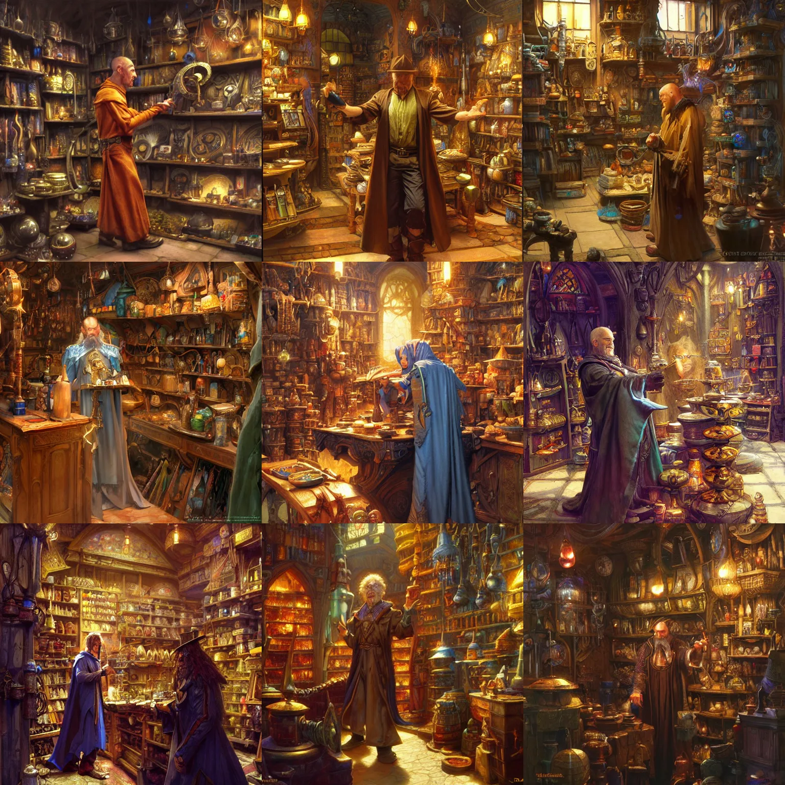 Prompt: The Mage shows you his magical wares at his shop, fantasy character art by Donato Giancola, Craig Mullins, digital art, trending on artstation