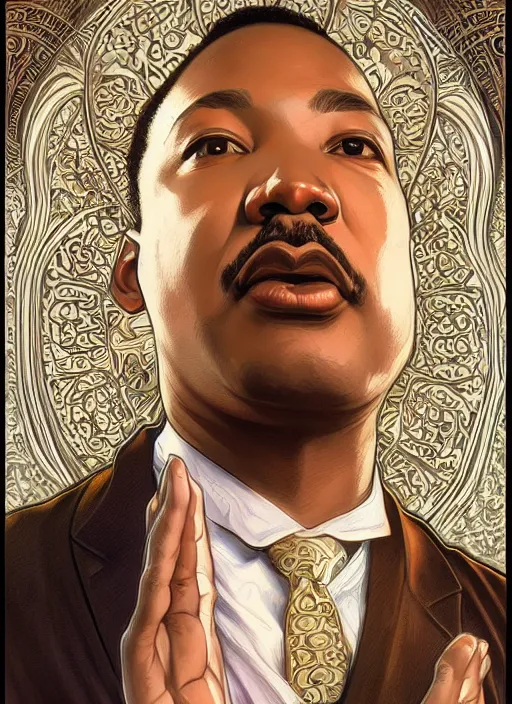 Prompt: Martin Luther King Jr handsome, intricate, elegant, highly detailed, centered, digital painting, artstation, concept art, smooth, sharp focus, illustration, art by artgerm and donato giancola and alphonse mucha