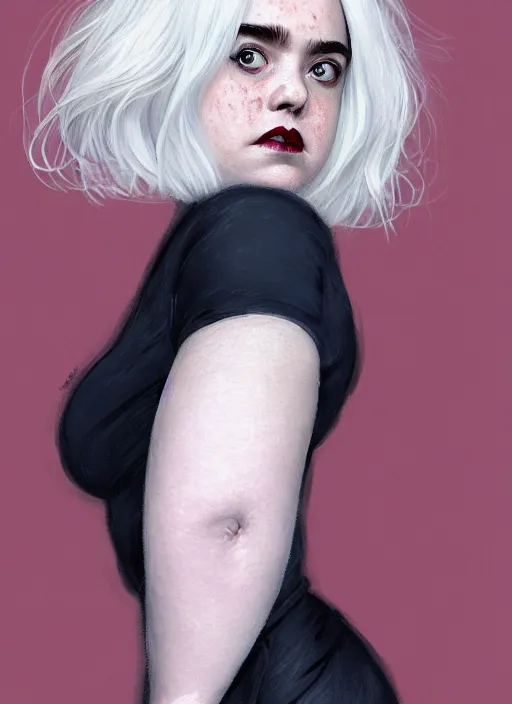 Image similar to full body portrait, kiernan shipka as sabrina spellman, white hair, obese, bangs, sultry, realistic, sultry smirk, fluffy bangs, freckles, fat, belly, intricate, elegant, highly detailed, digital painting, artstation, concept art, smooth, sharp focus, illustration, art by wlop, mars ravelo and greg rutkowski