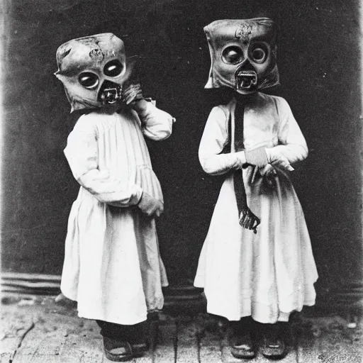 Prompt: portrait of children wearing plague masks, photograph, style of atget, 1 9 1 0, creepy, dark