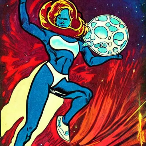 Prompt: an alien woman with blue skin and red hair, floating in space. she is an astronaut, wearing a space suit. well composed, clean elegant painting, beautiful detailed face. comic book art by steve ditko and jack kirby and ( alphonse mucha )