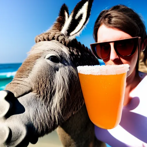 Prompt: a human with a donkey head is wearing cool sunglasses and holding a coctail at the beach, 8k, hyper-detailed, photorealistic