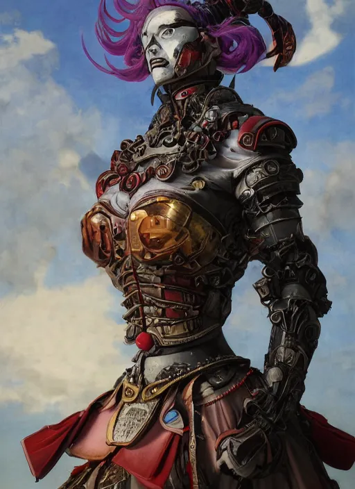 Prompt: portrait of a diabolical cyborg clown samurai girl, hair tail, torn cape, adaptive armor, dynamic pose, heavy eyes to the side, ancient ruins, glowing veins subsurface scattering, in clouds, sunset, portrait, by gerald brom, by mikhail vrubel, by peter elson, muted colors, extreme detail, reflections, trending on artstation, 8 k