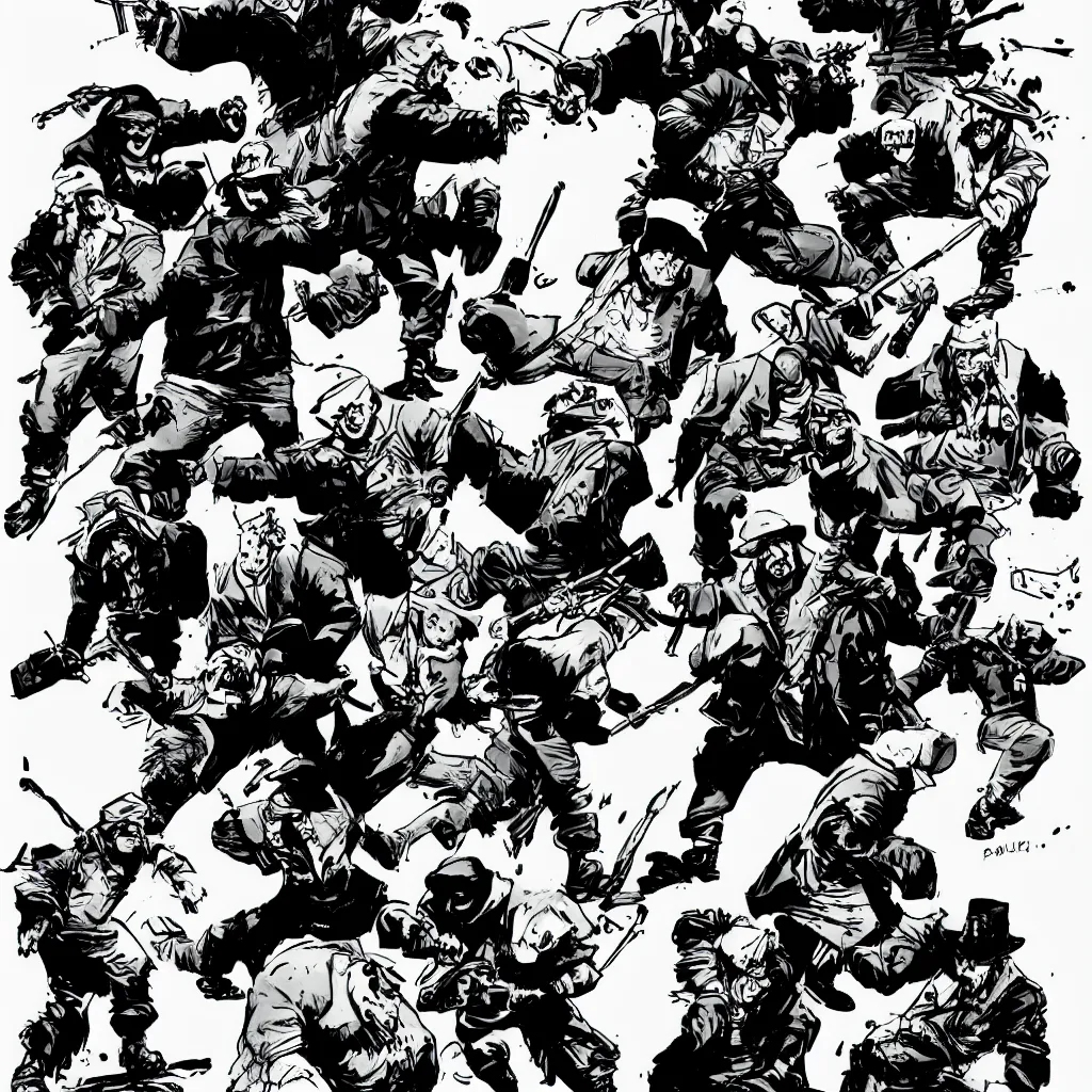 Image similar to style of frank miller, of a group of werebears robbing a bank