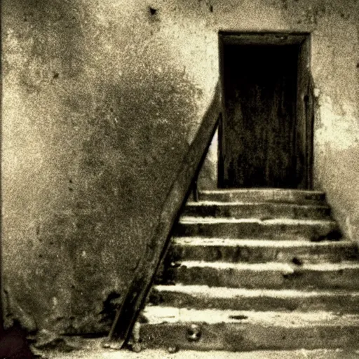 Prompt: an old, rickety staircase leading up to a small, dark door, liminal space, familiar / unfamiliar