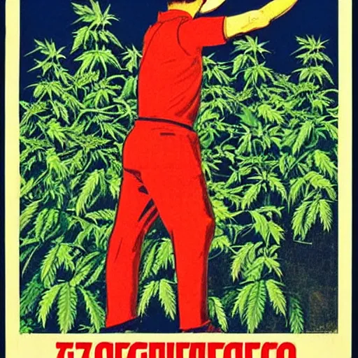 Prompt: a soviet propaganda poster of people harvesting cannabis plants