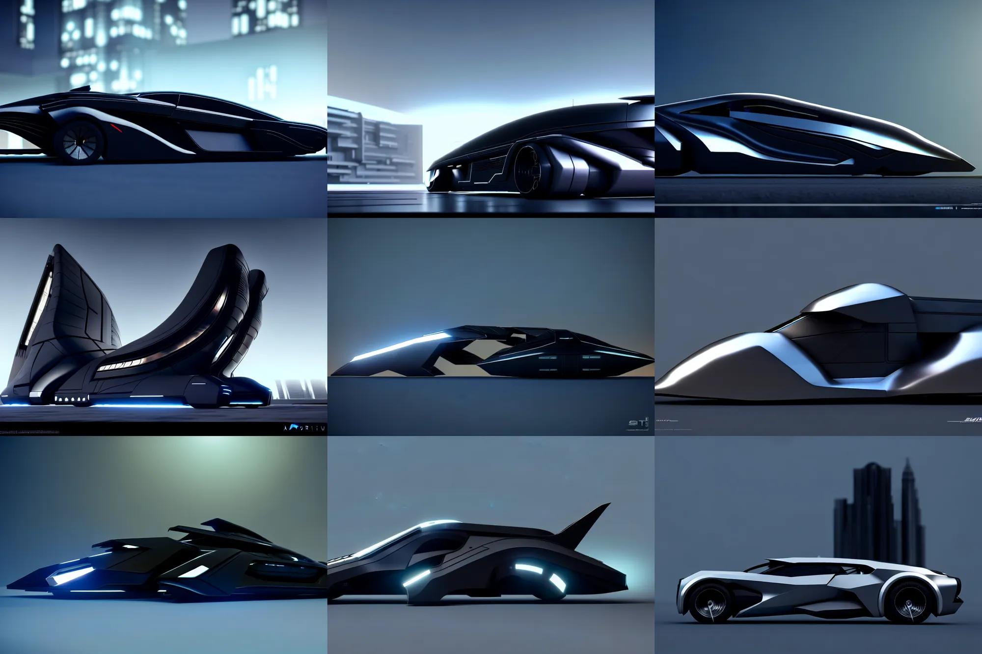 Prompt: side view photo : : of a modern architecture spaceship : : obsidian, satin silver, accent lighting : : peugot onyx, renault ultimo, cyberpunk, sci fi, artstation, octane render, industrial design