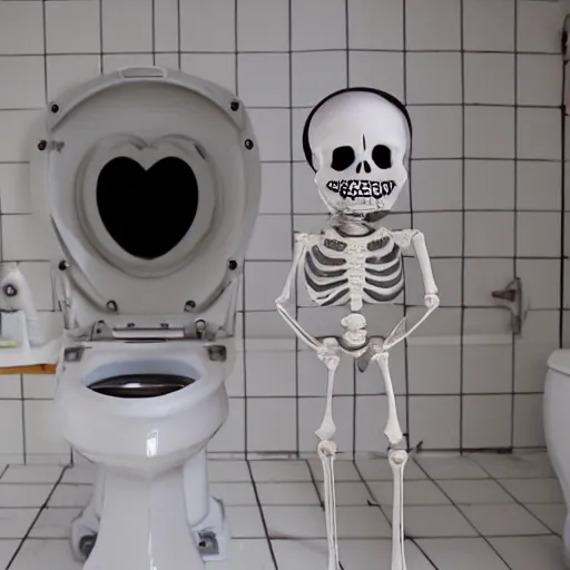 Prompt: toilet paper skeleton, pet, finds toilet paper while exploring + 5 strangeness