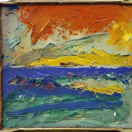 Prompt: oil paint impasto relief, beautiful italian beach scene, multi layered thick brush marks, some splattered paint, in the style of monet and frank auerbach and van gogh
