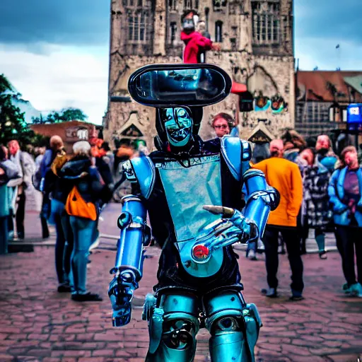 Image similar to a futuristic cyberpunk jester robot entertaining a crowd on a small box in the middle of the city square