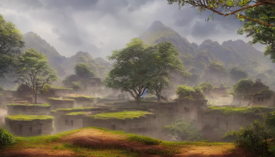 Image similar to matte painting of a beautiful lanna village, digital art, trending on artstation