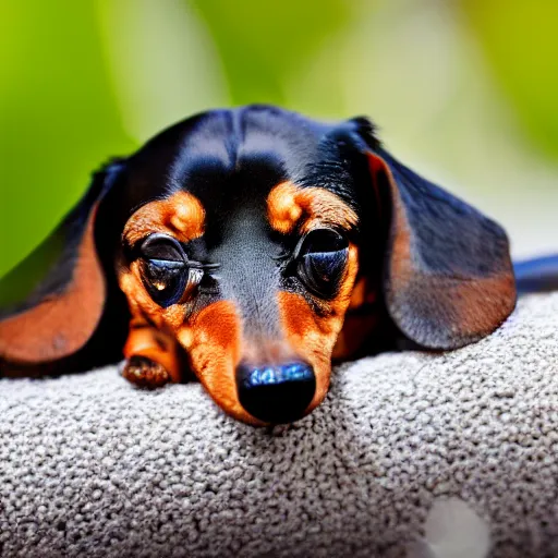 Prompt: macro photograph of a very tiny Dachshund sleeping on the flower, Nikon D810, award-winning, bokeh,