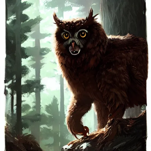 Image similar to three quarter portrait of an owlbear in the forest, d & d, fantasy, greg rutkowski