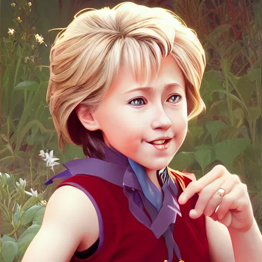 Image similar to ultra realistic illustration, hillary clinton as a child anime, intricate, elegant, highly detailed, digital painting, artstation, concept art, smooth, sharp focus, illustration, art by artgerm and greg rutkowski and alphonse mucha and wlop