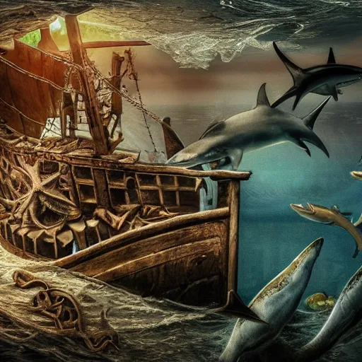 Image similar to vintage viking shipwreck surrounded by sharks and octopus, photorealistic, ultra-detailed, 4k high resolution, HDR shot, cinematic lighting