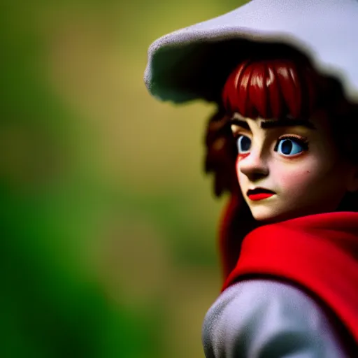 Image similar to a cinematic film still of a claymation stop motion film starring emma watson as little red riding hood, looking at realistic wolf, shallow depth of field, 8 0 mm, f 1. 8