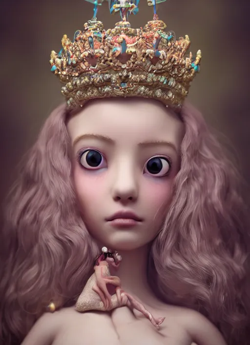 Prompt: closeup face profile portrait of a fairytale princess wearing a crown eating cakes, bikini, depth of field, zeiss lens, detailed, symmetrical, centered, fashion photoshoot, by nicoletta ceccoli, mark ryden, lostfish, breathtaking, 8 k resolution, extremely detailed, beautiful, establishing shot, artistic, hyperrealistic, octane render