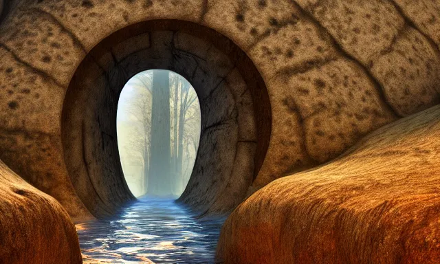 Image similar to beautiful photograph of a magical vertical cylindrical raindrop tunnel between a dried up river and the sun, highly-detailed, fantastic, dramatic lighting, artstation, 4k