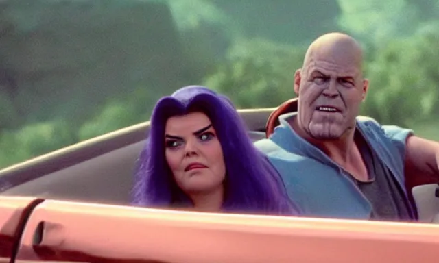 Image similar to thanos and louise belcher in real life driving a convertible off a cliff, grainy 1 9 9 1 vhs tape, dramatic movie scene, extremely realistic